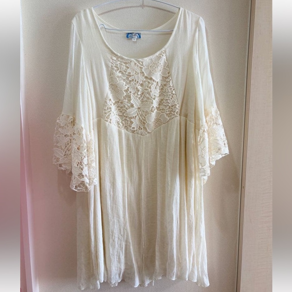 Lace Panel Cream Boho Tunic Dress